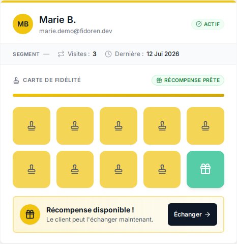 Panneau caisse Fidoren : fiche client identifié, carte de fidélité pleine, bouton Échanger